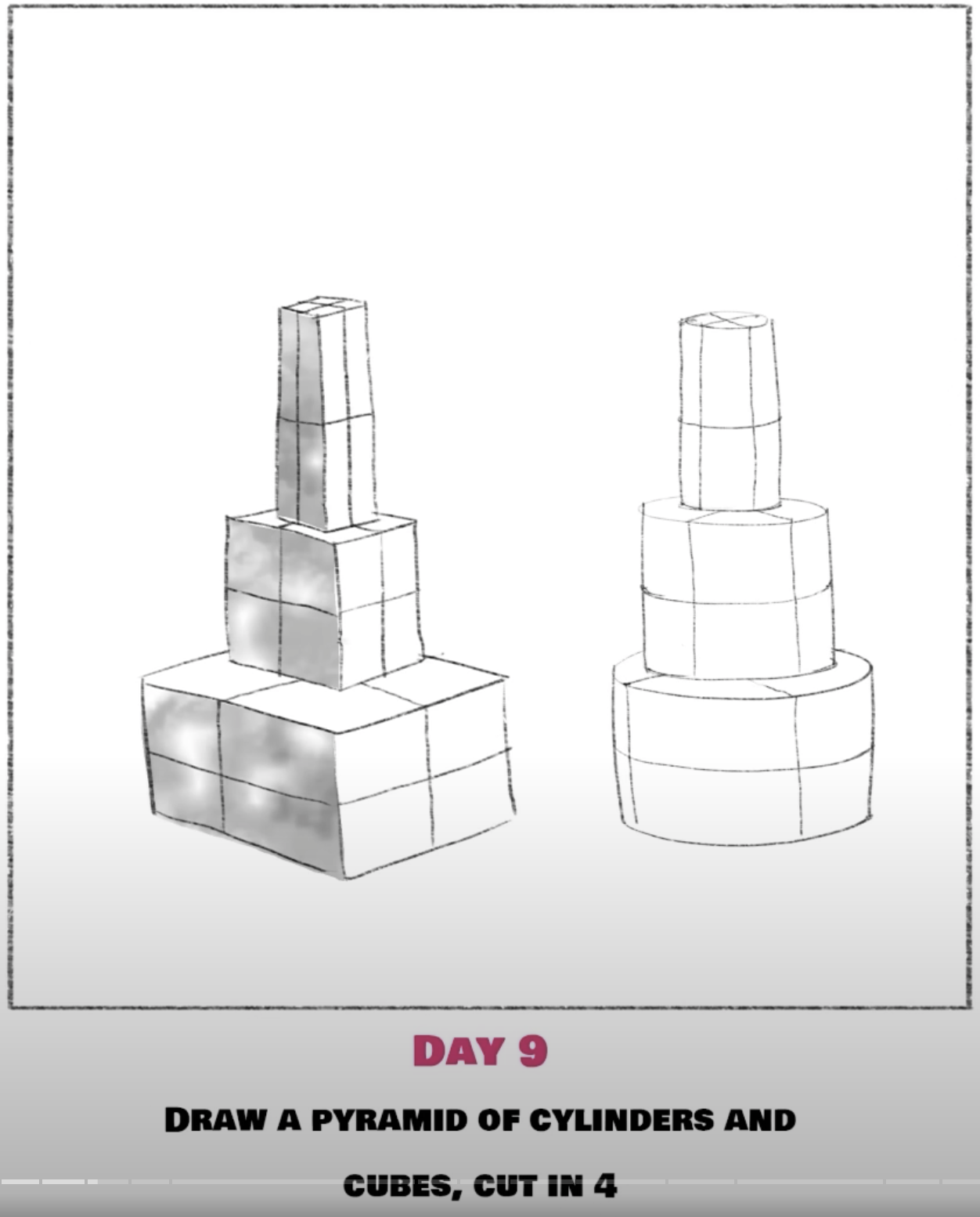 DRAW A PYRAMID OF CYLINDERS AND CUBES, CUT IN 4