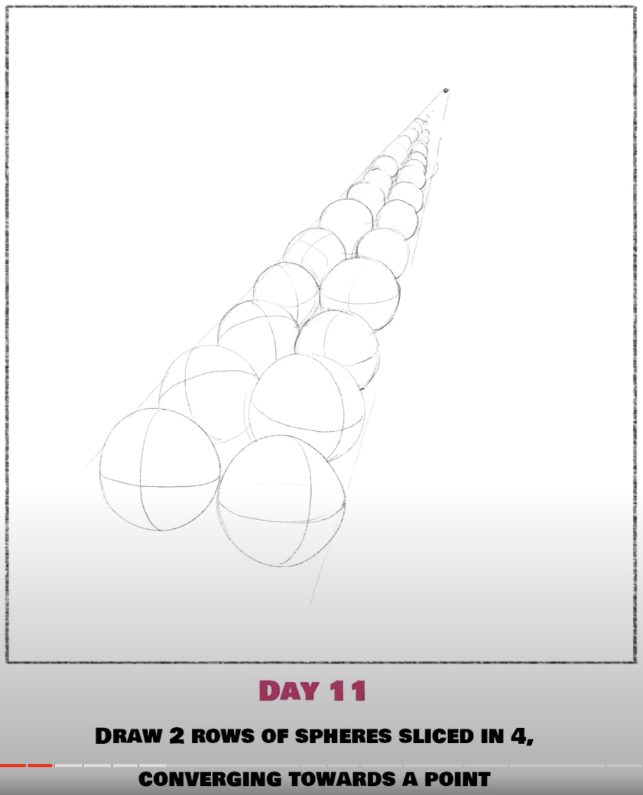 DRAW 2 ROWS OF SPHERES SLICED IN 4, CONVERGING TOWARDS A POINT